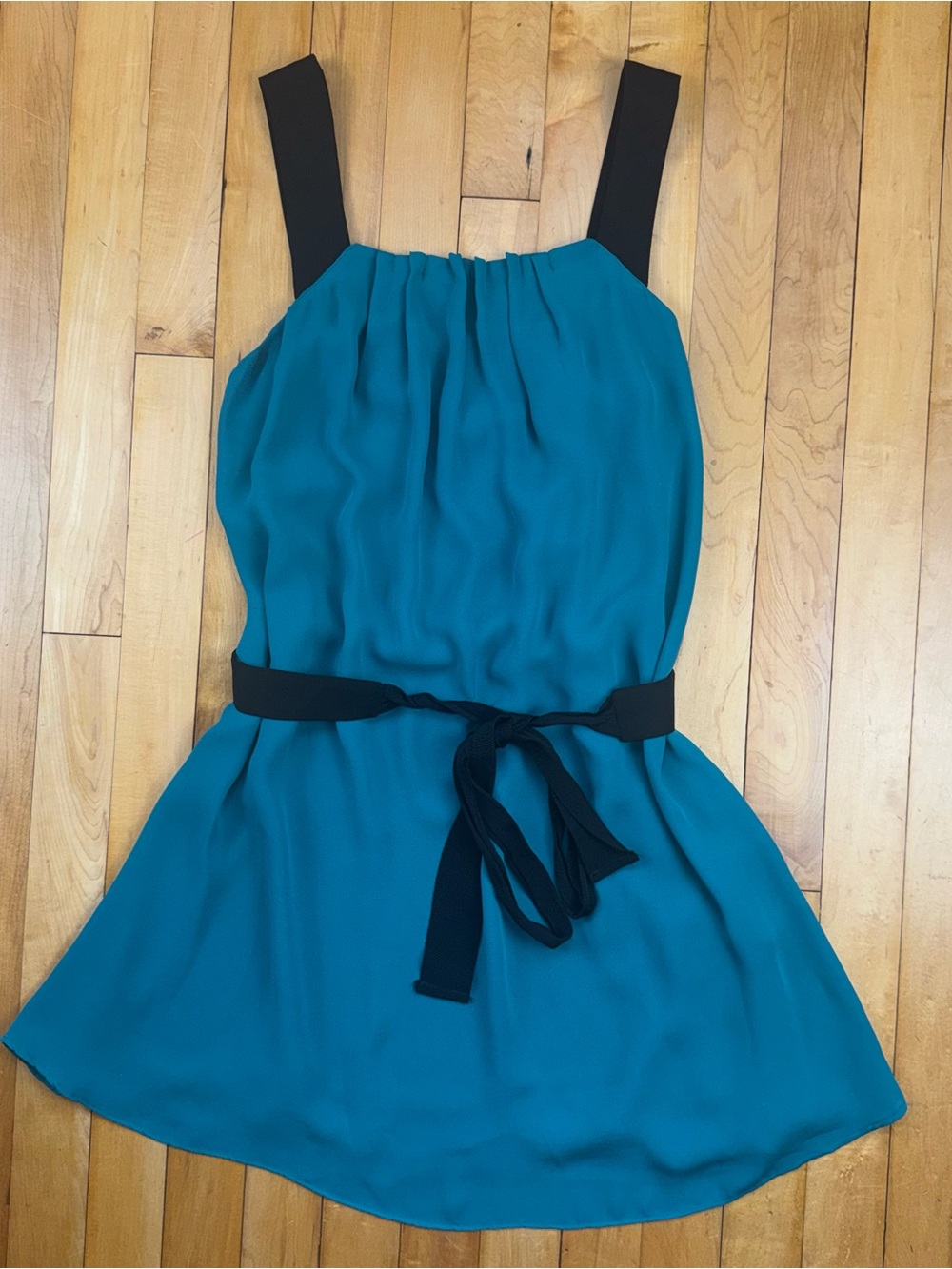 Forever 21 Fever Teal Fit & Flare Dress Small Black Tie Waist Sleeveless